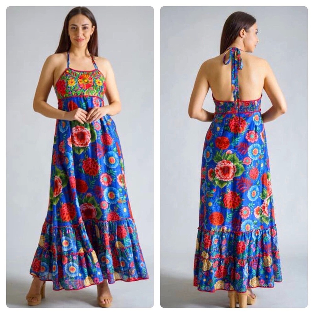 Anthropologie Payal Jain Sz 2 Maxi Dress Floral Embroidered Cotton Silk  $268
